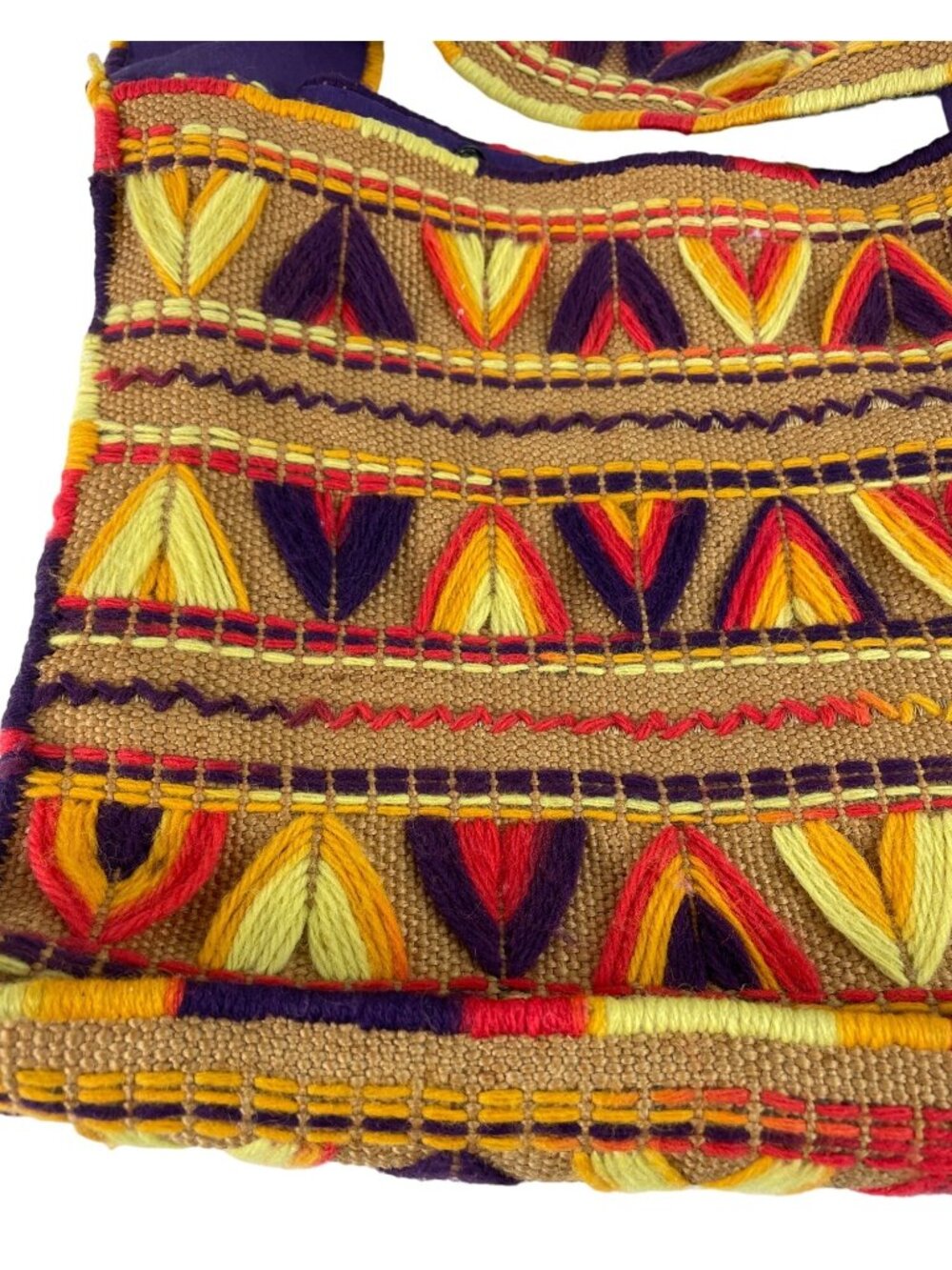 Vintage Handmade Colorful Yarn Embroidered Burlap Lined Tote Bag - Picture 3 of 10